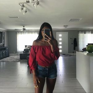 Tie up sleeve red off the shoulder shirt